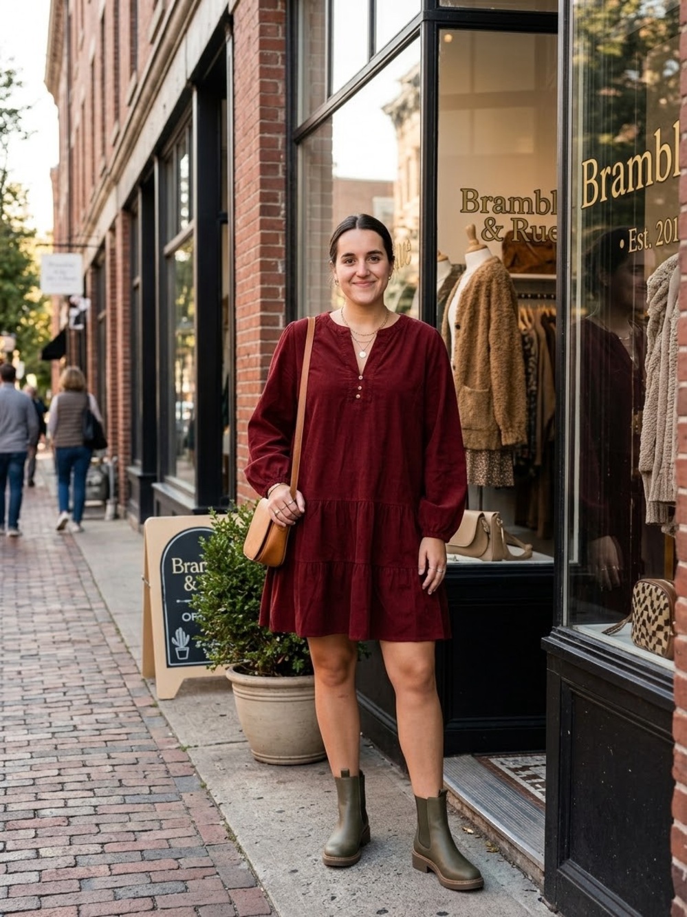 Time and Tru Women's Burgundy Long-Sleeve Tiered Dress
